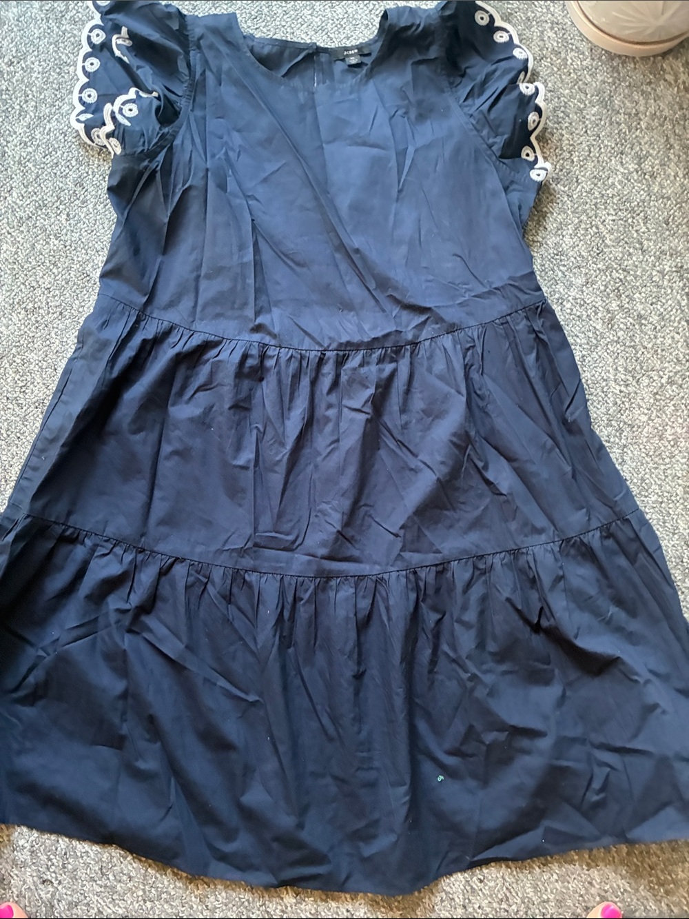 J. Crew Navy Cotton Tiered Dress with White Eyelet Sleeve Trim